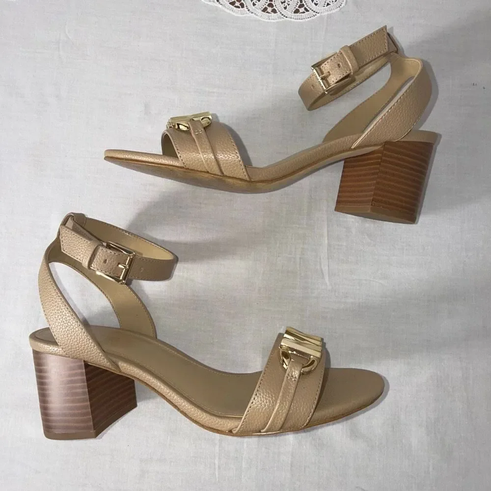 Michael Kors Women’s Nude Pebbled Leather Block Heel Sandals Gold MK Accent 3” H